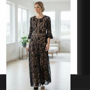 Miss May Lace Maxi Dress L Black Nude Bell Sleeve Romantic Formal Wedding NWT